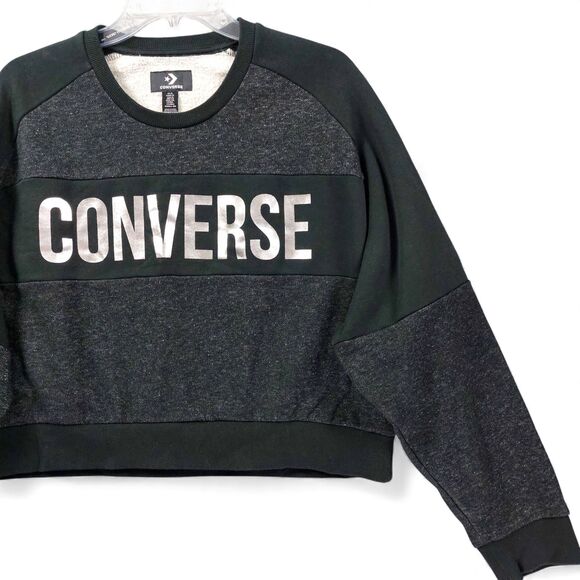 Converse Women’s XL Black Gray Metallic Logo Sweatshirt Fleece Lined Pullover - Picture 7 of 11